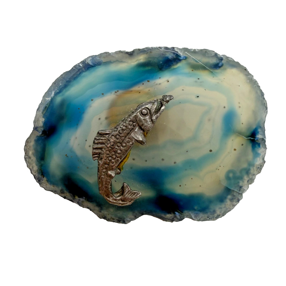 Vintage Resin Agate Slice Fish Brooch Blue Green Stone Look Pin 1.5”